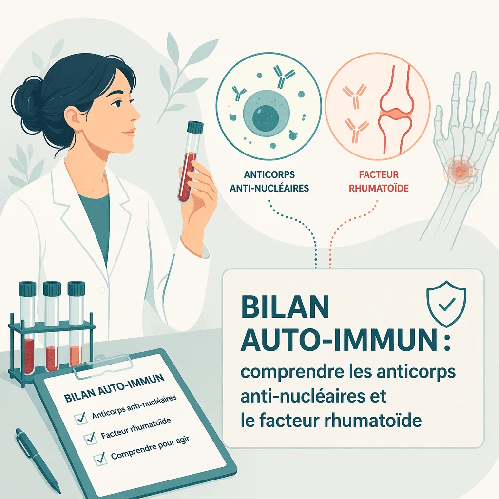 Bilan auto-immun recherchant les anticorps anti-nucléaires et le facteur rhumatoïde dans une prise de sang