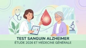 Test sanguin Alzheimer analysé en laboratoire, un médecin généraliste lisant un résultat de p-tau217