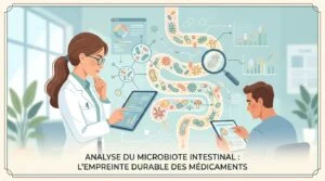 Flacon de recueil de selles et plaquette de comprimés illustrant une analyse du microbiote intestinal en laboratoire