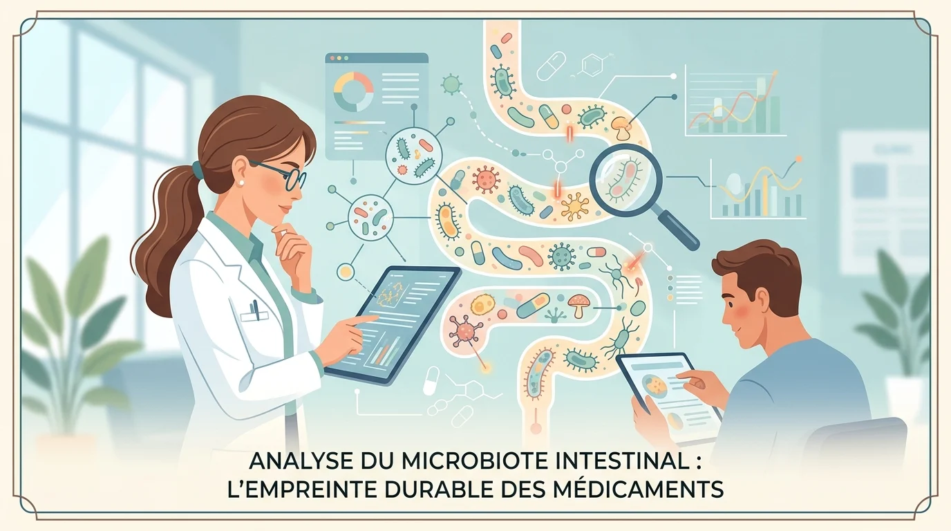 Flacon de recueil de selles et plaquette de comprimés illustrant une analyse du microbiote intestinal en laboratoire