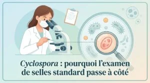 Technicienne de laboratoire préparant une analyse de selles pour la recherche du parasite Cyclospora