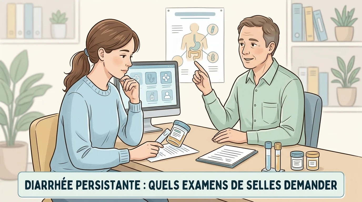 Prélèvement de selles préparé au laboratoire d'analyses pour explorer une diarrhée persistante chez l'adulte