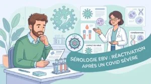 Biologiste analysant un compte rendu de sérologie EBV avec les taux d'anticorps VCA et EBNA