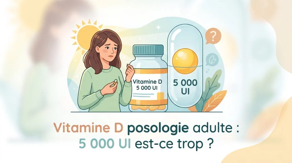 Vitamine D posologie adulte : gélule de 5 000 UI posée sur un compte rendu d'analyses avec calcémie
