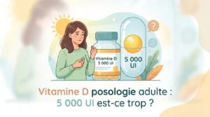 Vitamine D posologie adulte : gélule de 5 000 UI posée sur un compte rendu d'analyses avec calcémie