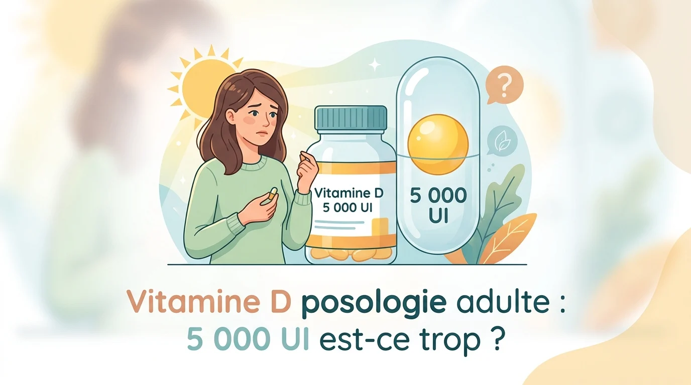 Vitamine D posologie adulte : gélule de 5 000 UI posée sur un compte rendu d'analyses avec calcémie