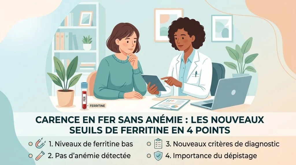 Tube de prise de sang et compte rendu de ferritine illustrant la carence en fer sans anémie et ses nouveaux seuils