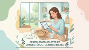 Bols d'avoine, d'orge et de riz complet posés près d'un bilan lipidique illustrant céréales complètes et cholestérol
