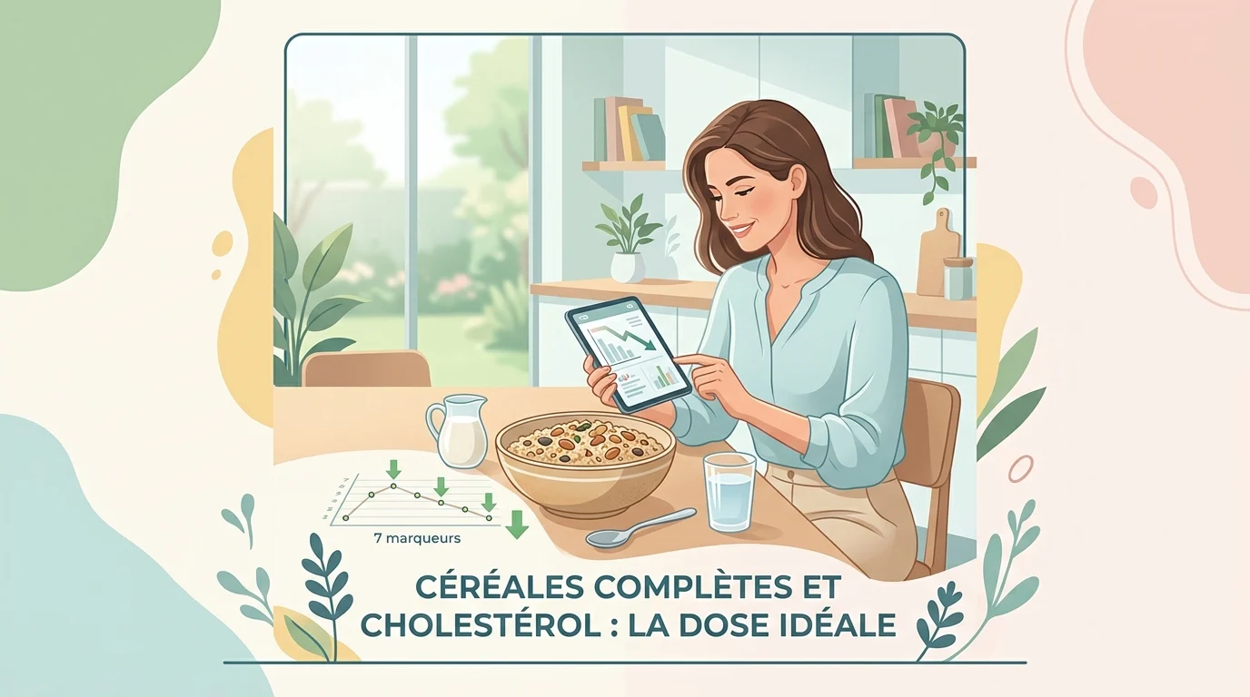 Bols d'avoine, d'orge et de riz complet posés près d'un bilan lipidique illustrant céréales complètes et cholestérol
