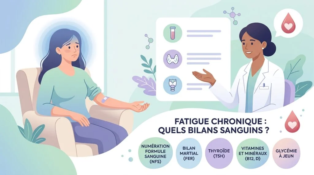 Fatigue : prise de sang au laboratoire, tubes de sang et feuille de résultats d'analyses