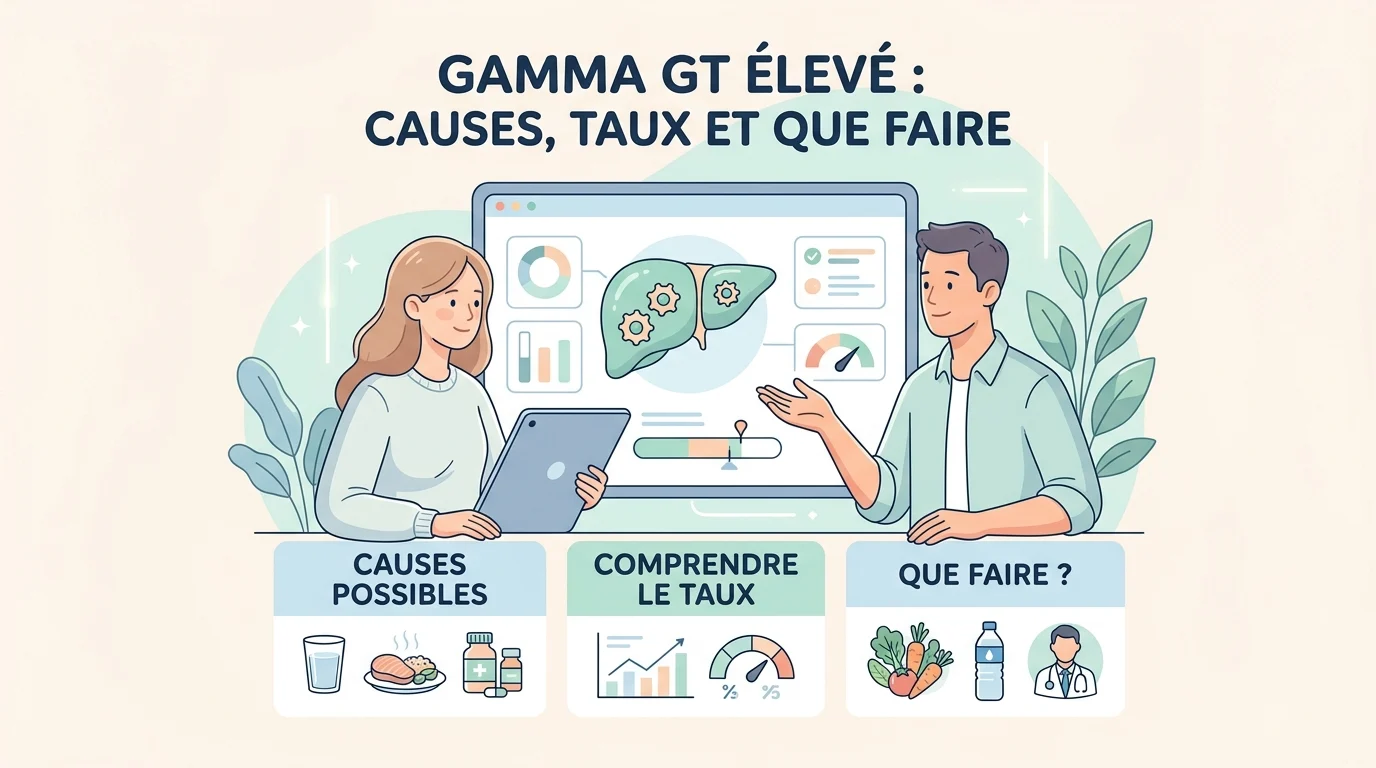 Compte rendu de bilan hépatique avec un gamma GT élevé surligné à côté des ASAT, ALAT et phosphatases alcalines