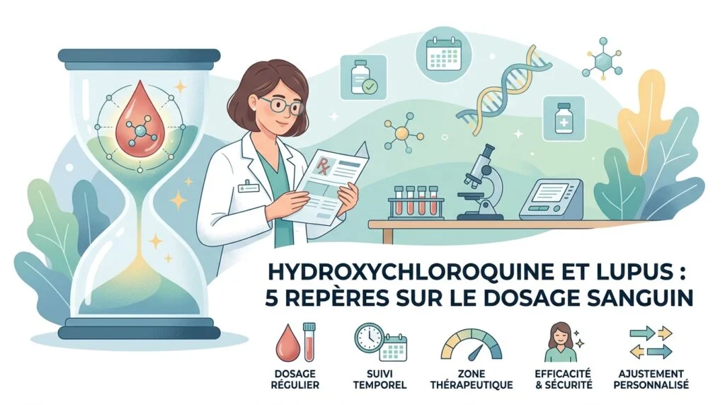 Prise de sang pour le dosage de l'hydroxychloroquine dans le suivi d'un lupus, tube et compte rendu de laboratoire