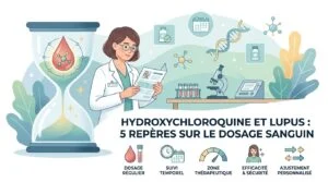 Prise de sang pour le dosage de l'hydroxychloroquine dans le suivi d'un lupus, tube et compte rendu de laboratoire