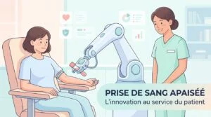 Bras posé sur un accoudoir de prélèvement, illustrant la peur de la prise de sang face au robot