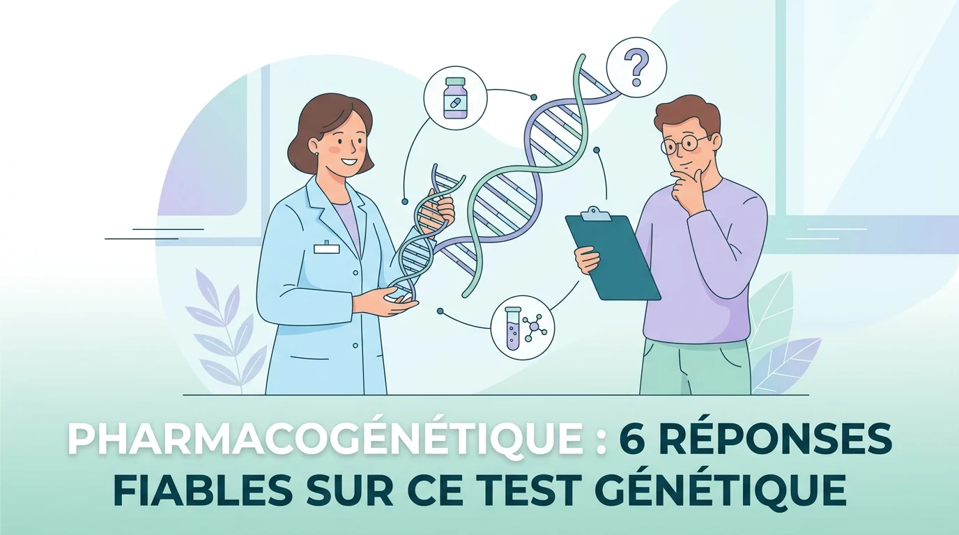 Technicienne de laboratoire préparant un tube de sang pour un test de pharmacogénétique à côté d un rapport gène médicament