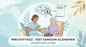 Tube de prélèvement du test précivityad2 posé sur un résultat d'analyse