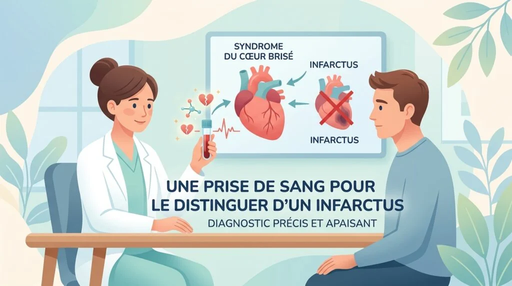 Tube de prélèvement sanguin et tracé ECG évoquant le syndrome du cœur brisé face à un infarctus aux urgences