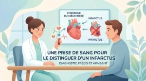 Tube de prélèvement sanguin et tracé ECG évoquant le syndrome du cœur brisé face à un infarctus aux urgences