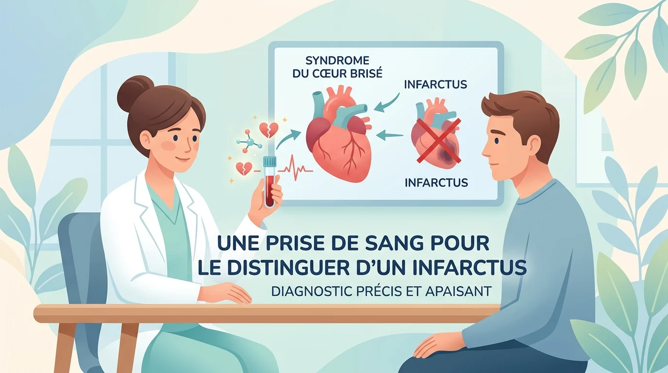 Tube de prélèvement sanguin et tracé ECG évoquant le syndrome du cœur brisé face à un infarctus aux urgences