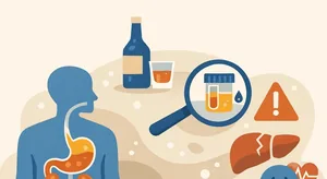 Verres d'alcool par semaine illustrés par une bouteille, un verre, un foie abîmé et un flacon d'analyse sous une loupe