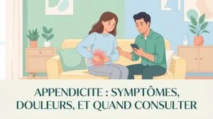 Personne se tenant le bas du ventre à droite, illustrant les symptômes de l'appendicite