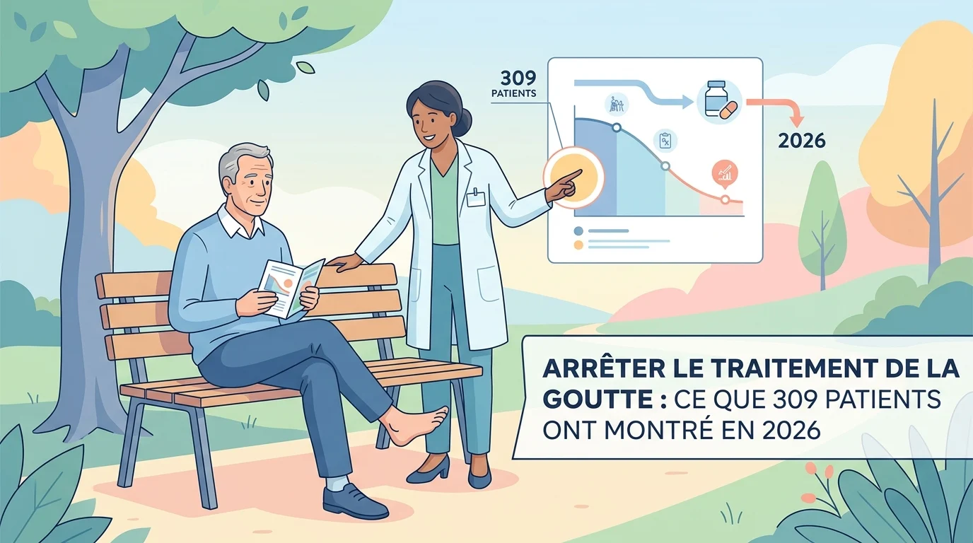 Pilulier et résultat d'uricémie posés sur une table pour décider d'arrêter le traitement de la goutte