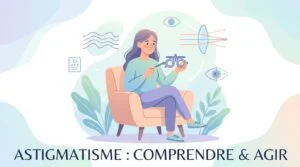 Astigmatisme : patient lisant un tableau de lettres floues lors d'un test de vue chez l'ophtalmologiste