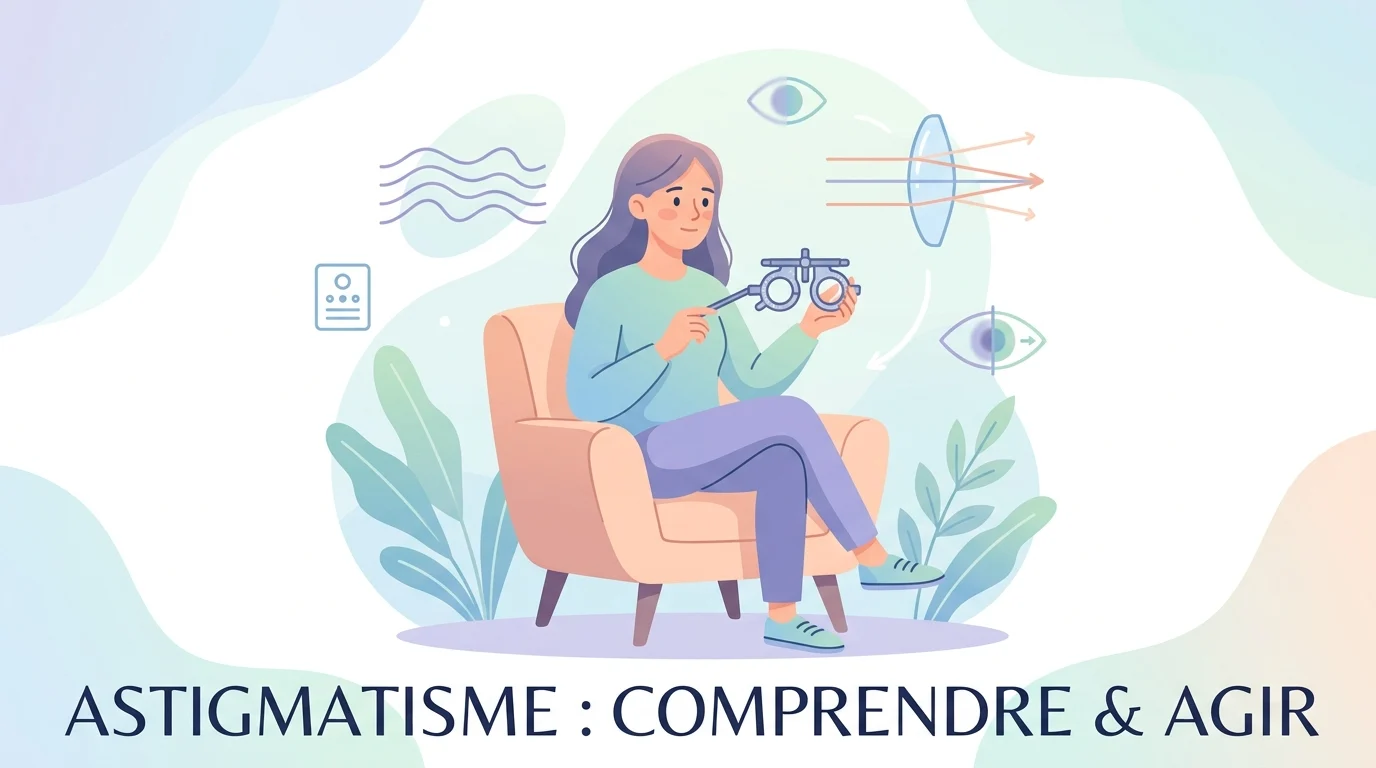 Astigmatisme : patient lisant un tableau de lettres floues lors d'un test de vue chez l'ophtalmologiste