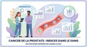 Cancer de la prostate et prise de sang : protéines dans un vaisseau, horloge et patient qui échange avec une médecin