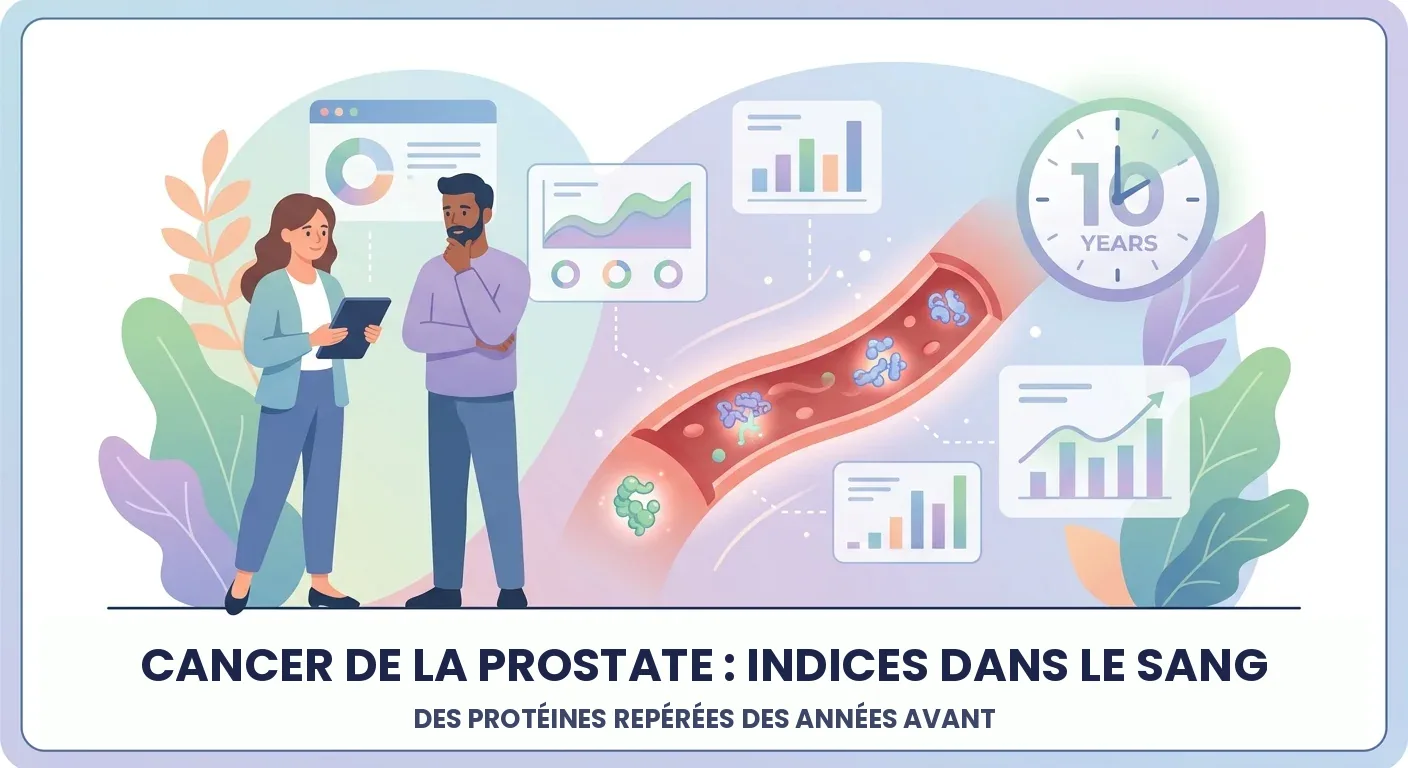 Cancer de la prostate et prise de sang : protéines dans un vaisseau, horloge et patient qui échange avec une médecin