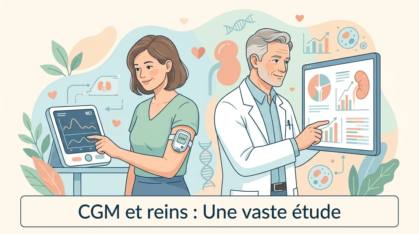 Capteur de glycémie en continu posé sur le bras d'un adulte atteint de diabète de type 2, avec des résultats d'analyses rénales