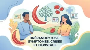 Drépanocytose : globules rouges en forme de faucille parmi des globules rouges ronds vus au microscope