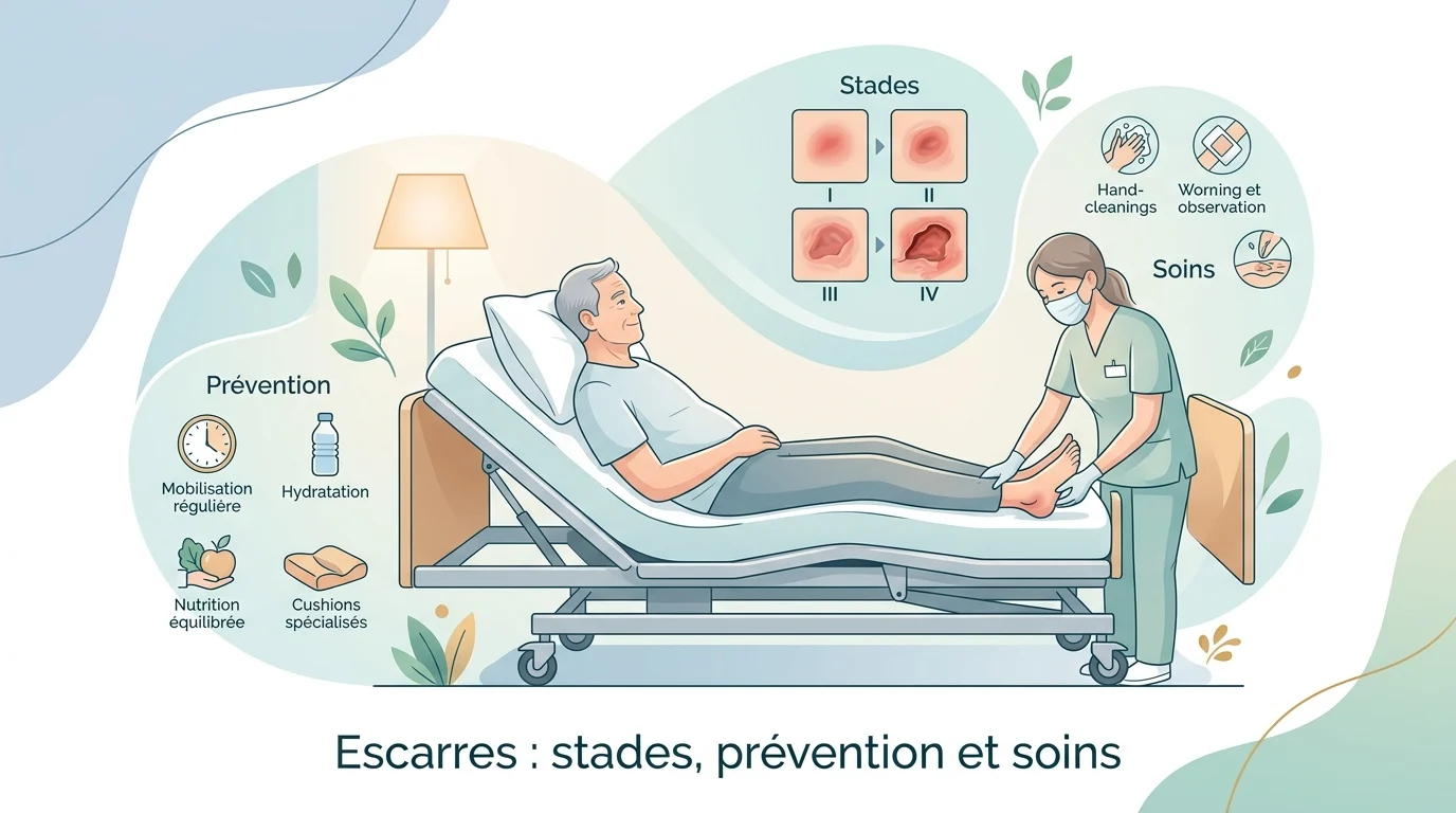 Escarres : soignante repositionnant une personne âgée alitée sur un matelas adapté pour protéger sa peau