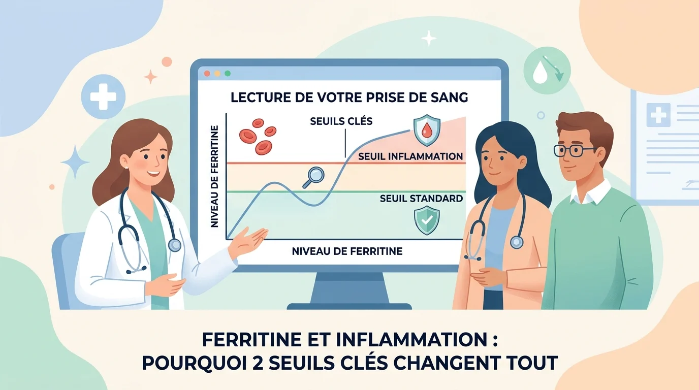 Tube de prélèvement sanguin et compte rendu d'analyse montrant la ferritine et l'inflammation