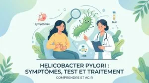 Helicobacter pylori : estomac avec des bactéries en forme de spirale sur sa paroi interne, vu en coupe