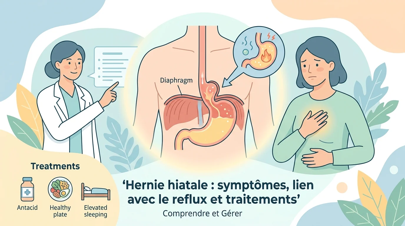 Hernie hiatale : schéma de l'estomac remontant à travers le diaphragme, à l'origine du reflux et des brûlures