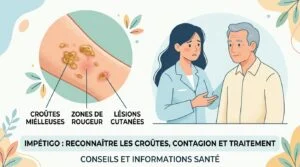 Impétigo croûteux autour de la bouche d'un enfant, avec des croûtes jaunâtres couleur miel entourées d'un liseré rouge