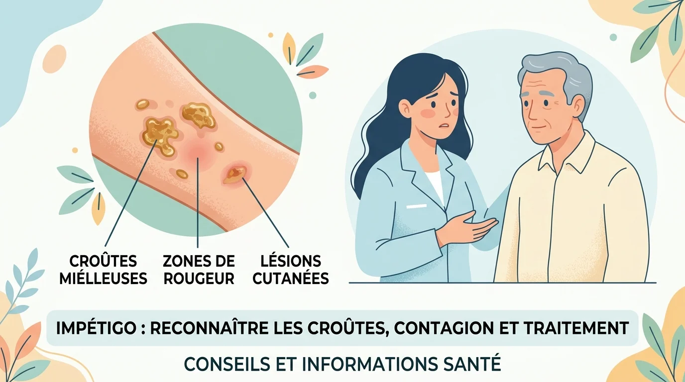 Impétigo croûteux autour de la bouche d'un enfant, avec des croûtes jaunâtres couleur miel entourées d'un liseré rouge
