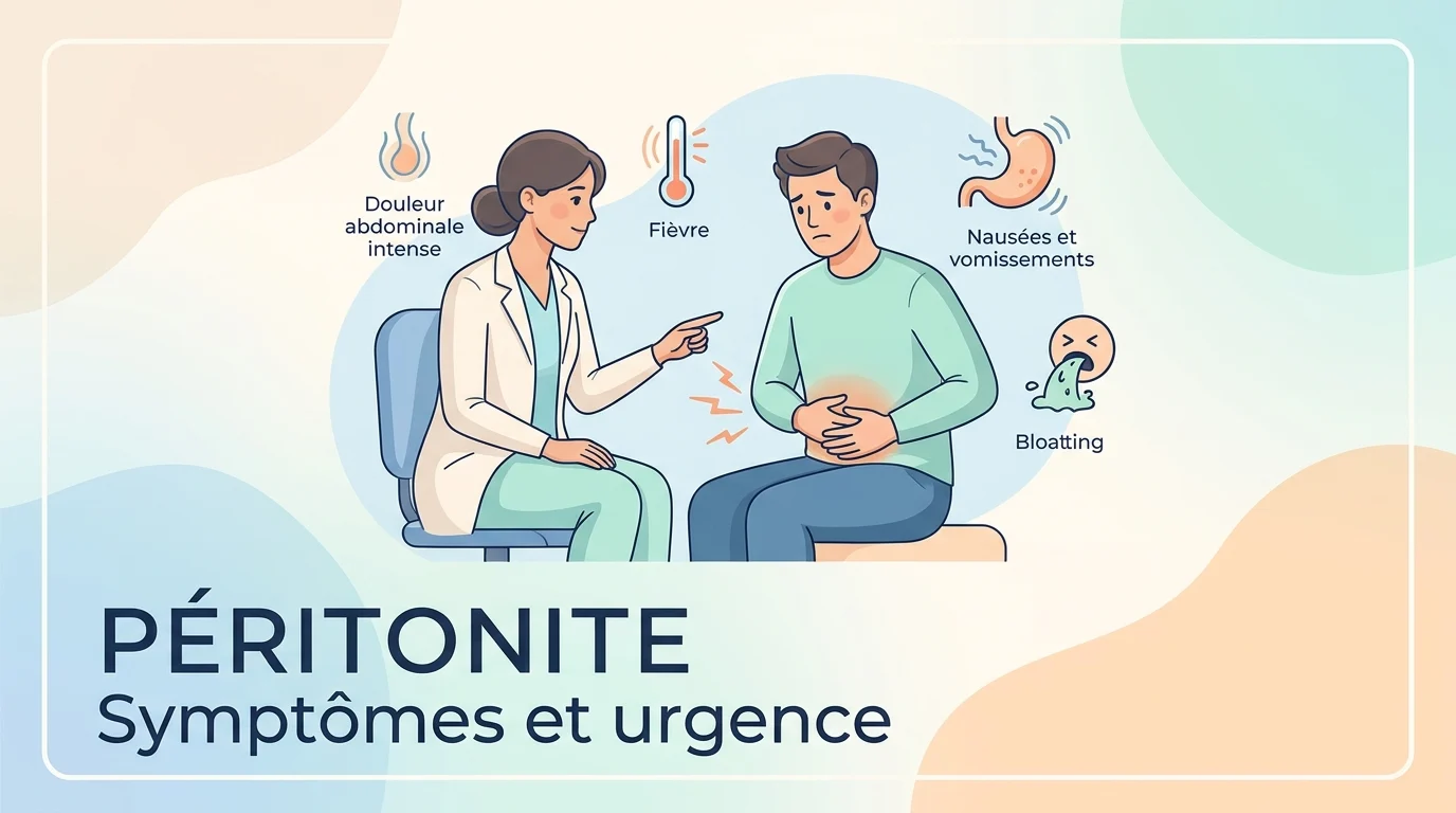 Personne pliée en deux par une douleur abdominale aiguë évoquant une péritonite