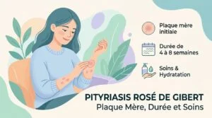 Pityriasis rosé de Gibert : plaque mère et petites plaques roses sur le dos