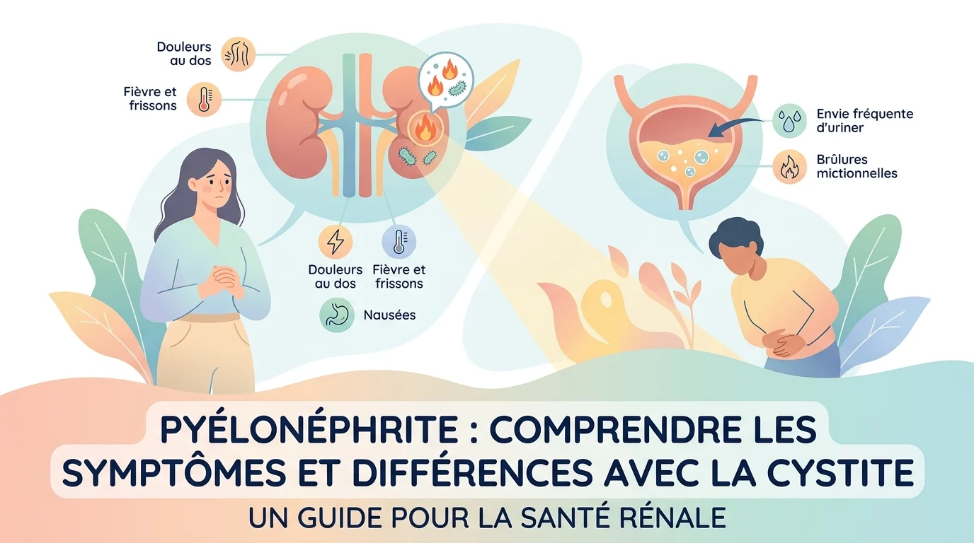 Femme fiévreuse se tenant le bas du dos, symptômes d'une pyélonéphrite