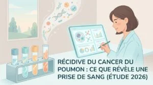 Prise de sang pour suivre la récidive du cancer du poumon, tube d'ADN tumoral circulant à côté d'un scanner thoracique