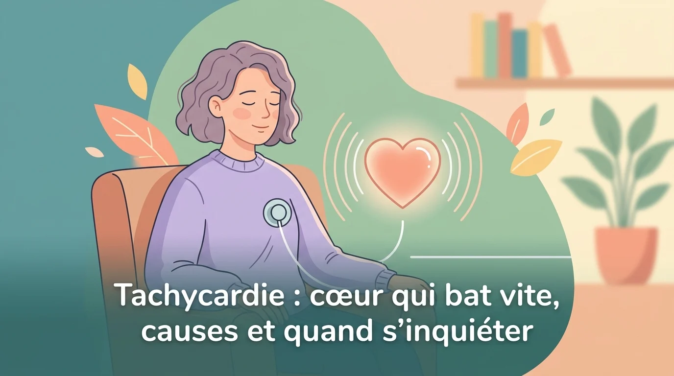 Tachycardie : personne mesurant son pouls au poignet, le cœur qui bat vite au repos